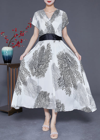 Modern White V Neck Tie Waist Print Silk Robe Dresses Summer LY3620 - fabuloryshop