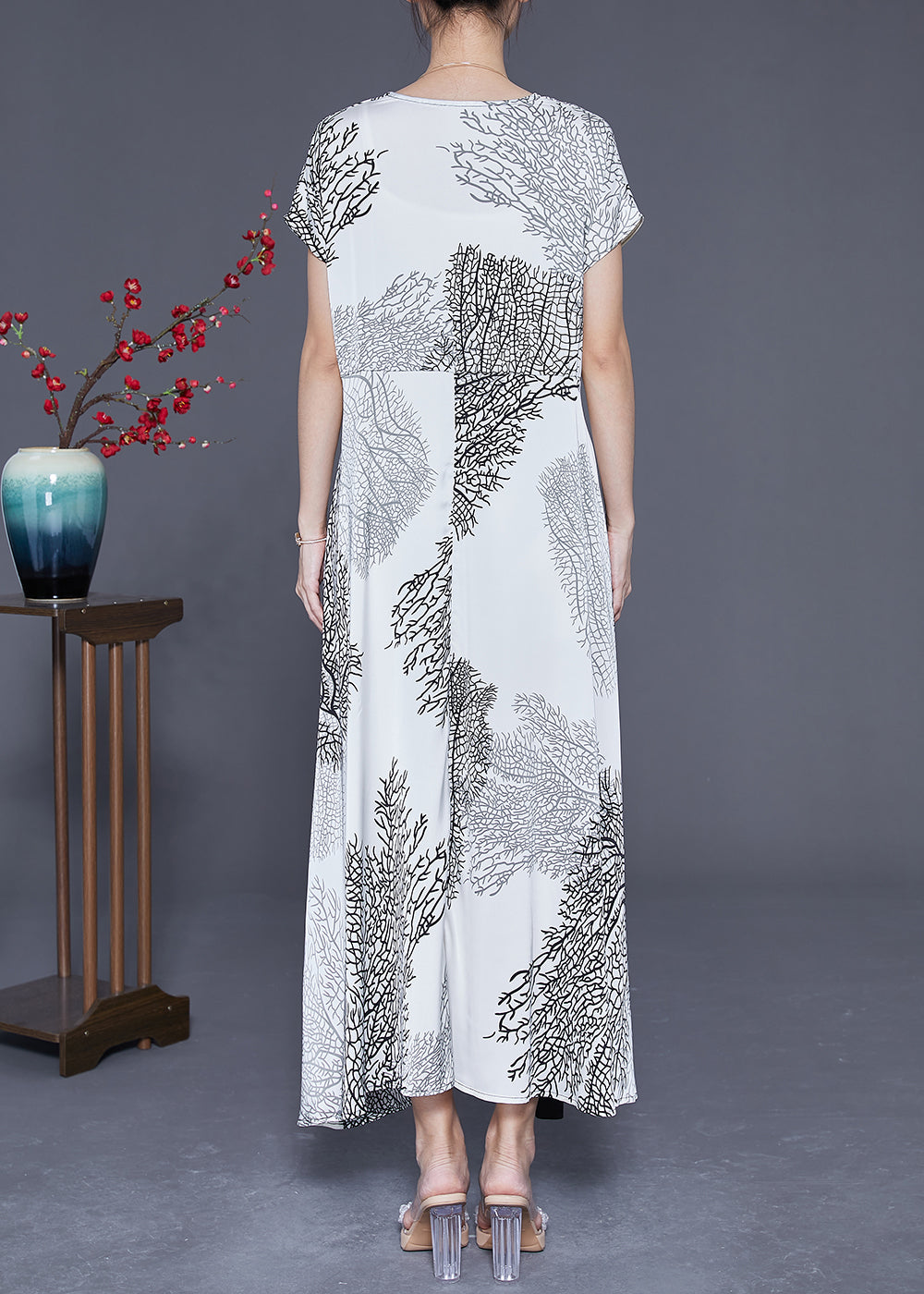 Modern White V Neck Tie Waist Print Silk Robe Dresses Summer LY3620 - fabuloryshop