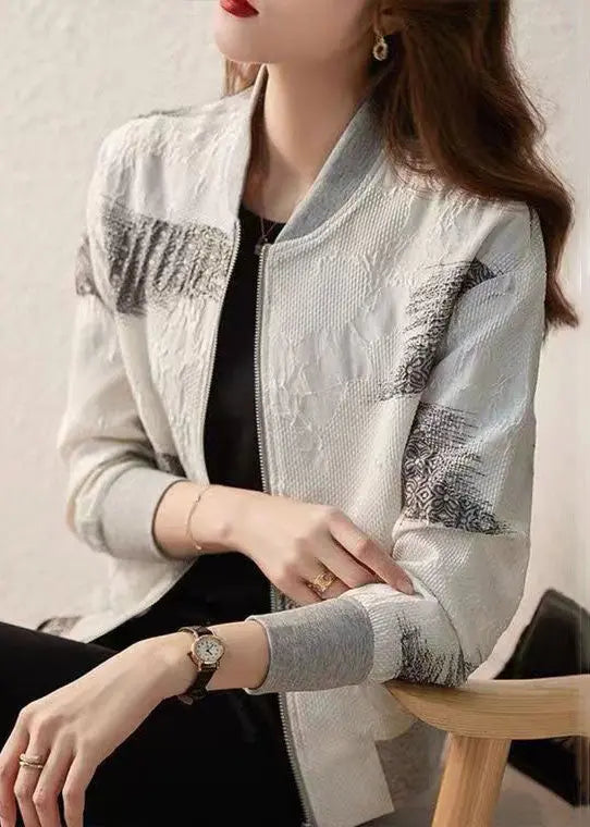 Modern White Zip Up Pockets Patchwork Cotton Jackets Fall Ada Fashion