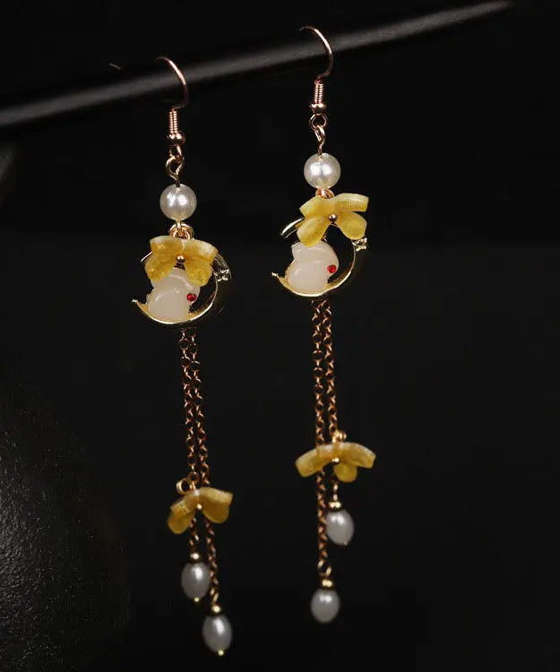 Modern Yellow Copper Overgild Pearl Tassel Agate Coloured Glaze Rabbit Drop Earrings Ada Fashion