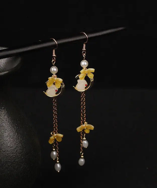 Modern Yellow Copper Overgild Pearl Tassel Agate Coloured Glaze Rabbit Drop Earrings Ada Fashion