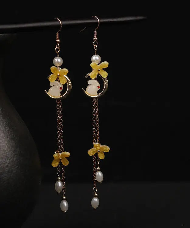 Modern Yellow Copper Overgild Pearl Tassel Agate Coloured Glaze Rabbit Drop Earrings Ada Fashion