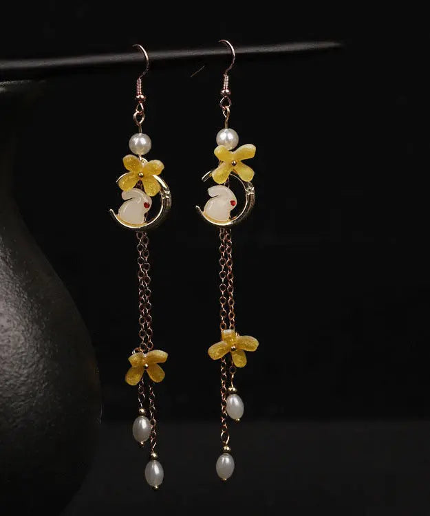 Modern Yellow Copper Overgild Pearl Tassel Agate Coloured Glaze Rabbit Drop Earrings Ada Fashion