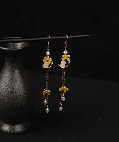 Modern Yellow Copper Overgild Pearl Tassel Agate Coloured Glaze Rabbit Drop Earrings Ada Fashion