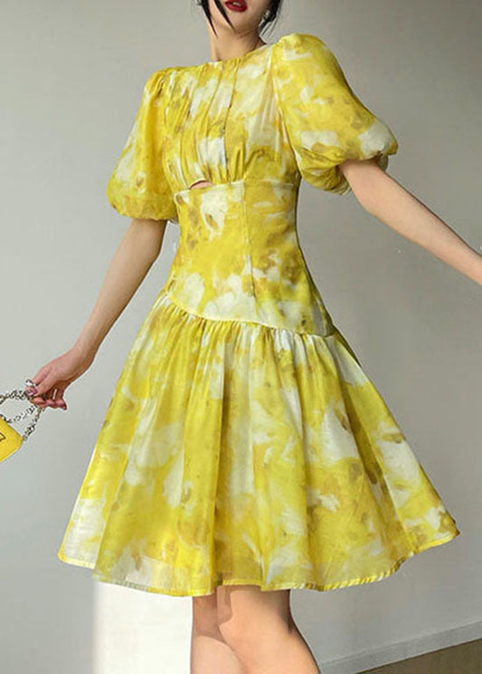 Modern Yellow O-Neck Patchwork Print Silk Holiday Dress Summer LC0506 - fabuloryshop