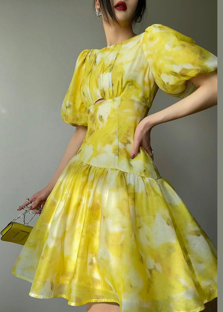 Modern Yellow O-Neck Patchwork Print Silk Holiday Dress Summer LC0506 - fabuloryshop