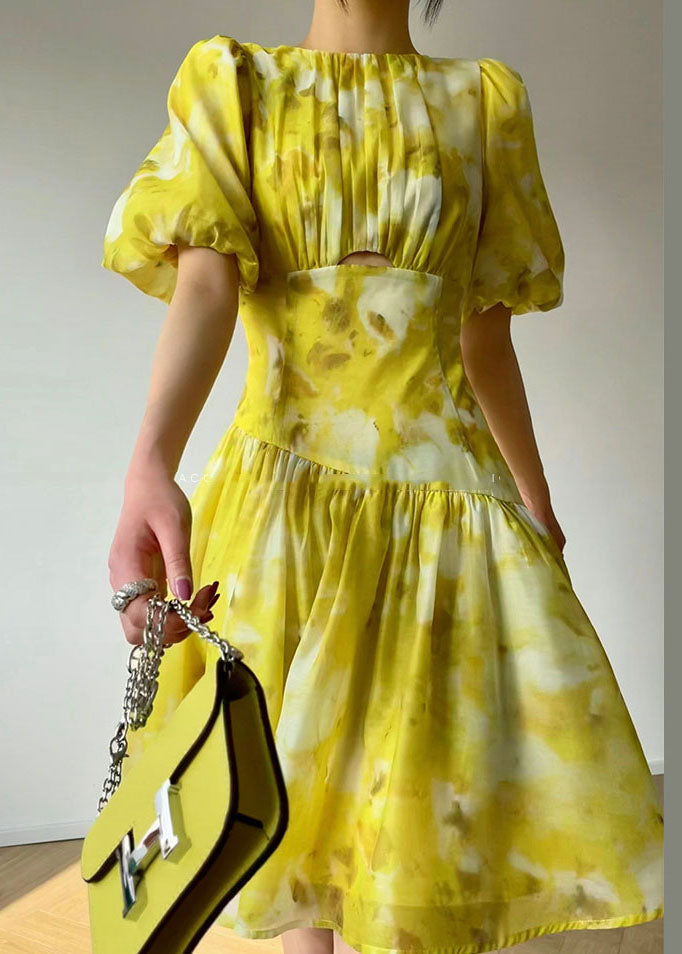 Modern Yellow O-Neck Patchwork Print Silk Holiday Dress Summer LC0506 - fabuloryshop