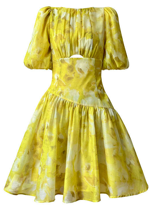 Modern Yellow O-Neck Patchwork Print Silk Holiday Dress Summer LC0506 - fabuloryshop