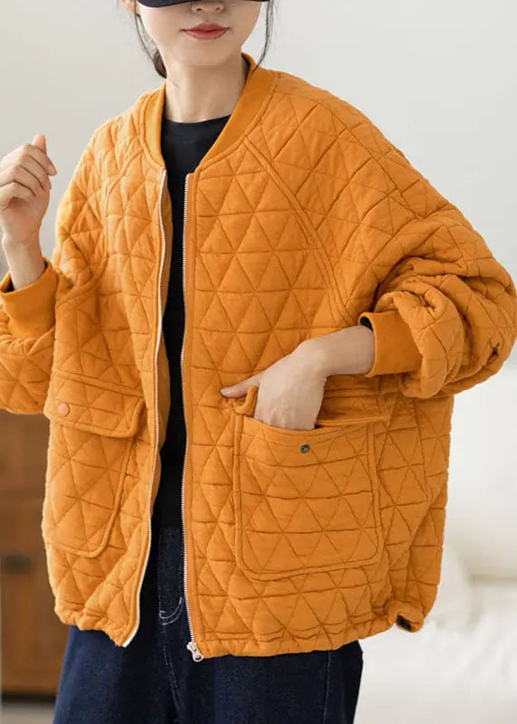 Modern Yellow O-Neck Pockets Plaid Patchwork Fleece Coat Fall Ada Fashion