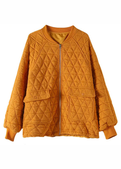 Modern Yellow O-Neck Pockets Plaid Patchwork Fleece Coat Fall Ada Fashion