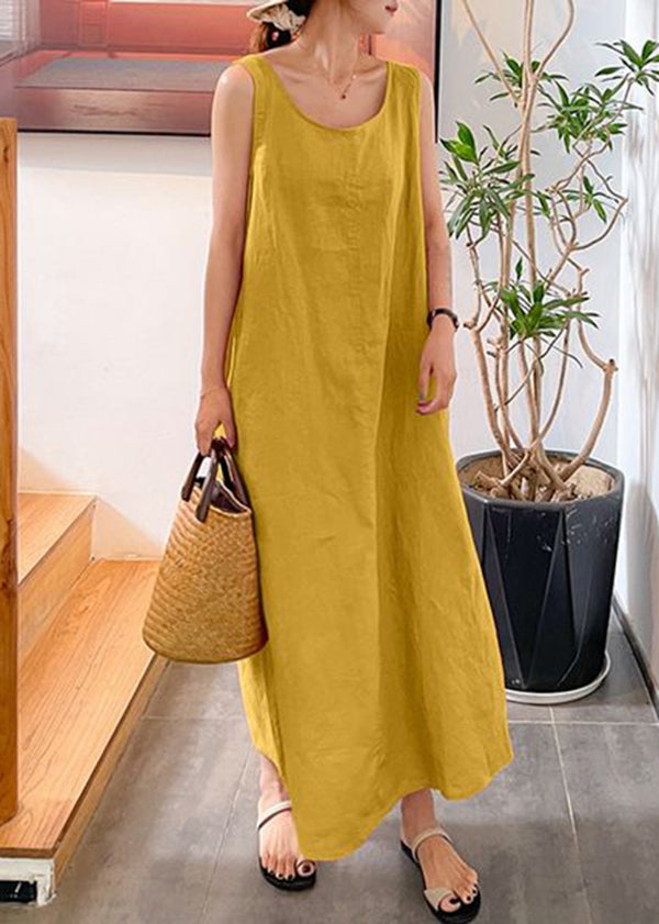 Modern Yellow O-Neck Slim Fit Cotton Long Dresses Sleeveless LY2570