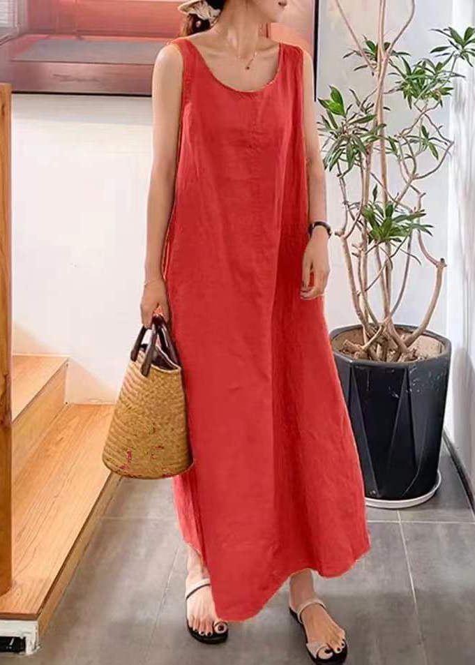 Modern Yellow O-Neck Slim Fit Cotton Long Dresses Sleeveless LY2570 - fabuloryshop