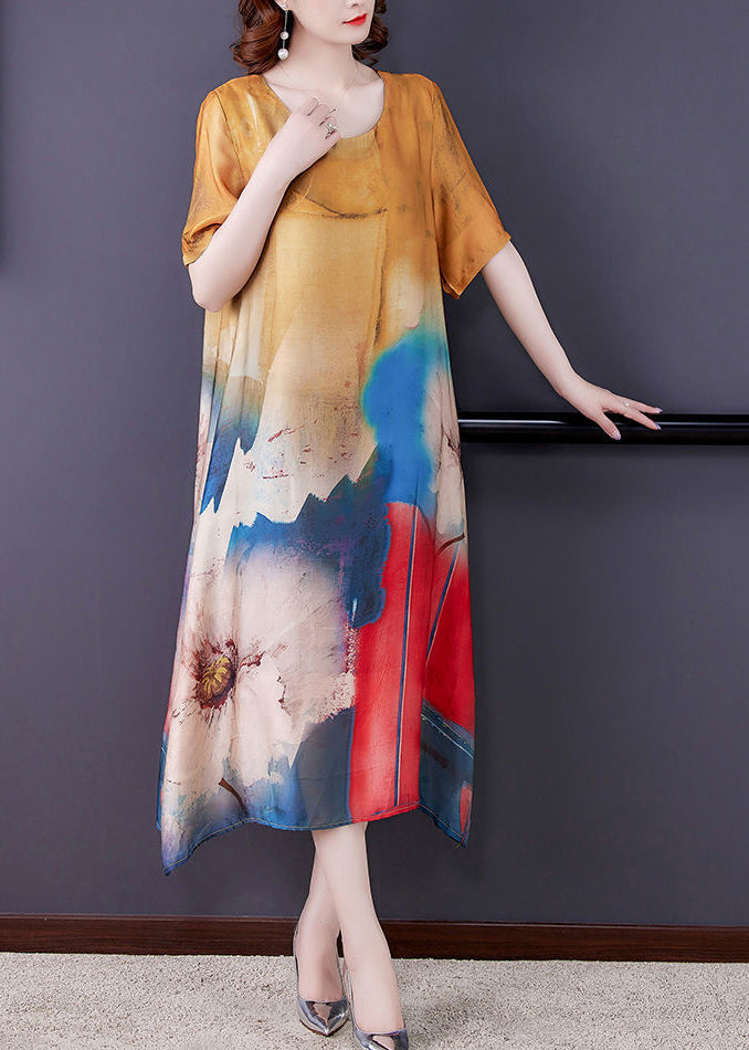 Modern Yellow Oversized Print Silk Long Dresses Summer LY3730 - fabuloryshop