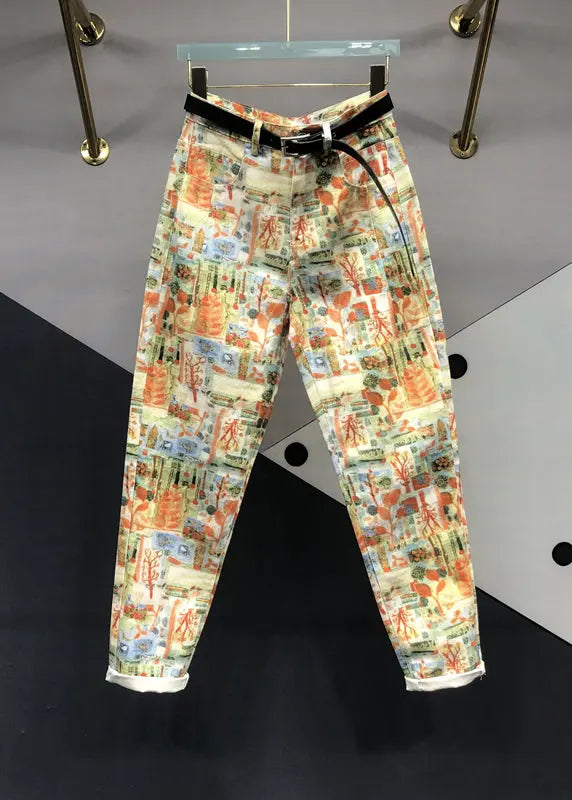 Modern Yellow Print Pockets Patchwork Denim Pants Fall Ada Fashion