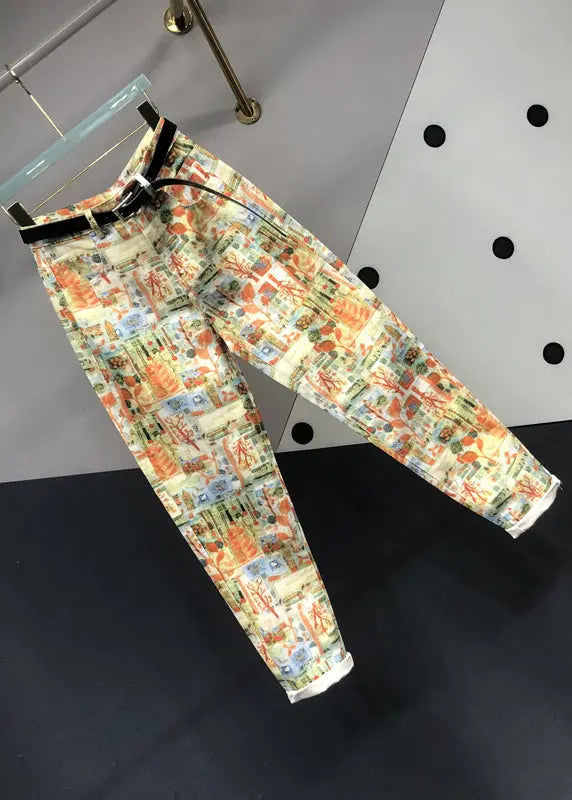 Modern Yellow Print Pockets Patchwork Denim Pants Fall Ada Fashion