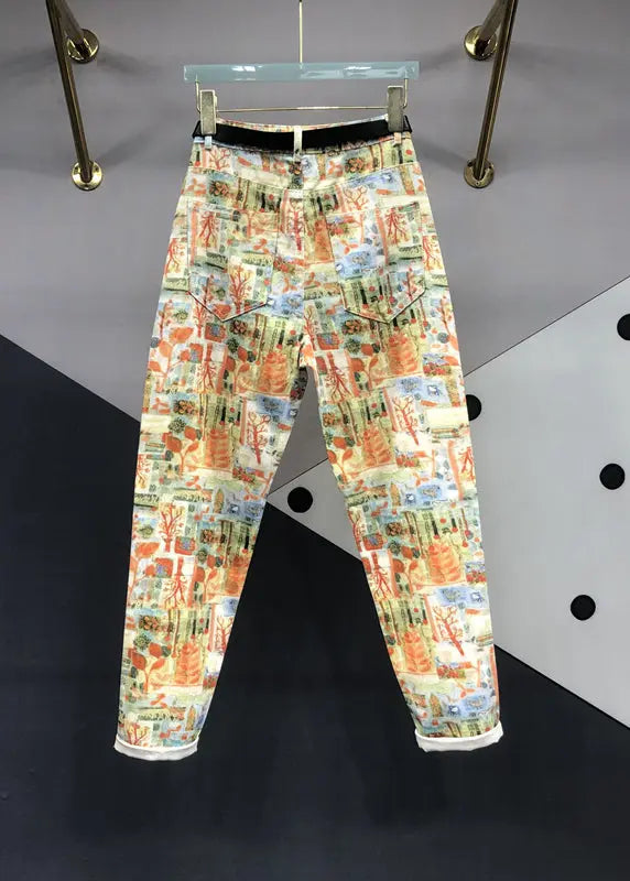 Modern Yellow Print Pockets Patchwork Denim Pants Fall Ada Fashion