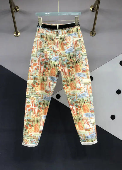 Modern Yellow Print Pockets Patchwork Denim Pants Fall Ada Fashion