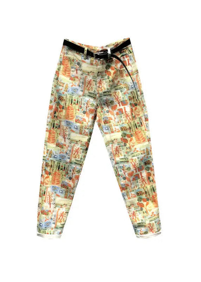 Modern Yellow Print Pockets Patchwork Denim Pants Fall Ada Fashion