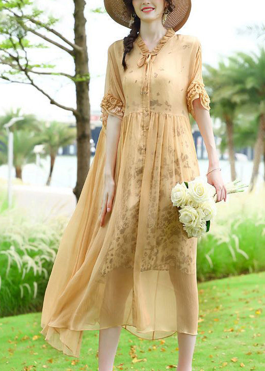 Modern Yellow Ruffled Patchwork Wrinkled Silk Vacation Dresses Summer LY0740 - fabuloryshop