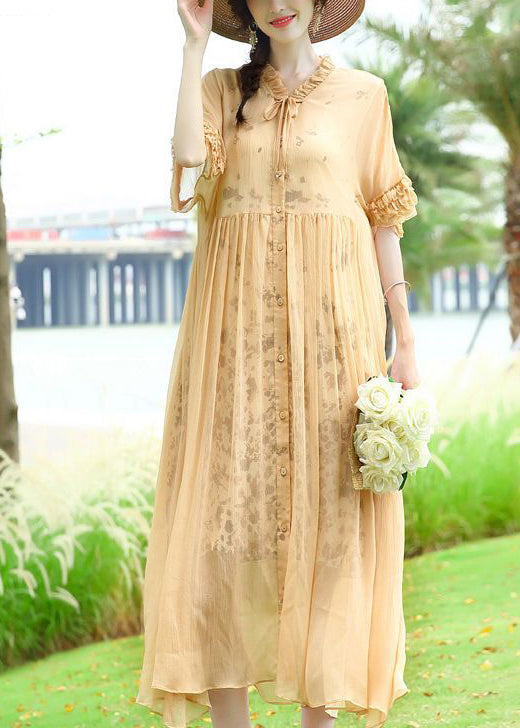 Modern Yellow Ruffled Patchwork Wrinkled Silk Vacation Dresses Summer LY0740