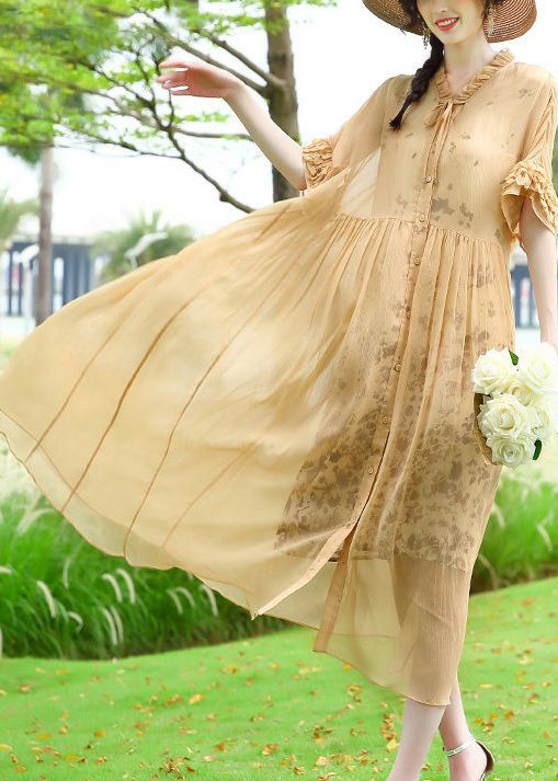 Modern Yellow Ruffled Patchwork Wrinkled Silk Vacation Dresses Summer LY0740 - fabuloryshop