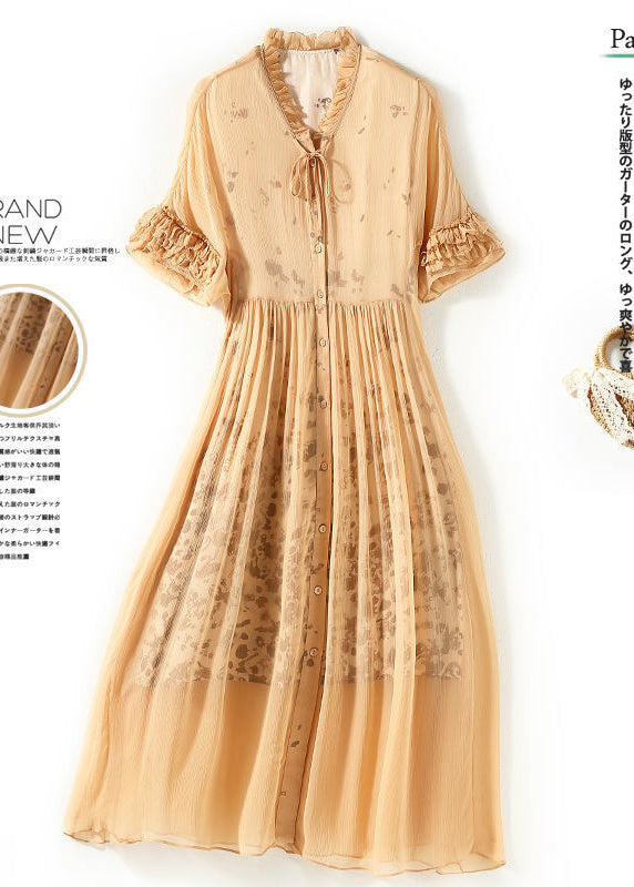 Modern Yellow Ruffled Patchwork Wrinkled Silk Vacation Dresses Summer LY0740 - fabuloryshop