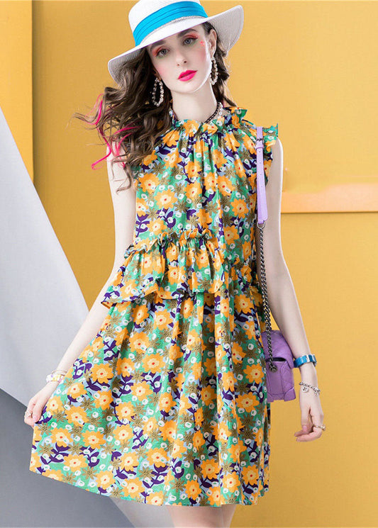 Modern Yellow Ruffled Print Patchwork Cotton Dress Sleeveless LC0218 - fabuloryshop