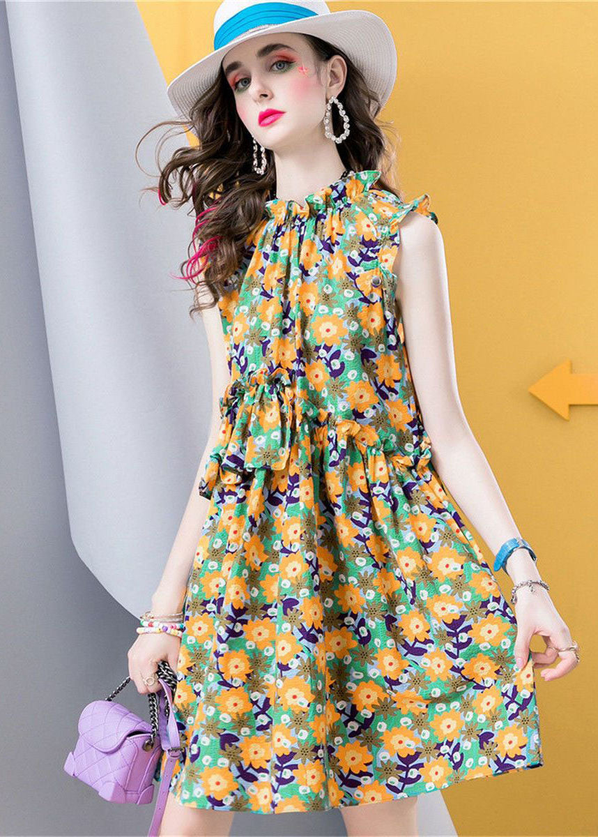 Modern Yellow Ruffled Print Patchwork Cotton Dress Sleeveless LC0218 - fabuloryshop