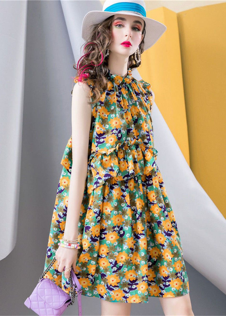 Modern Yellow Ruffled Print Patchwork Cotton Dress Sleeveless LC0218 - fabuloryshop