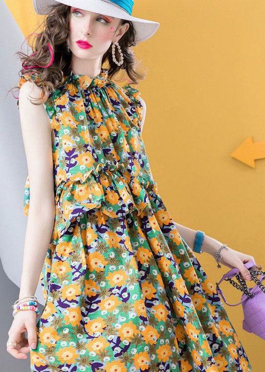 Modern Yellow Ruffled Print Patchwork Cotton Dress Sleeveless LC0218 - fabuloryshop