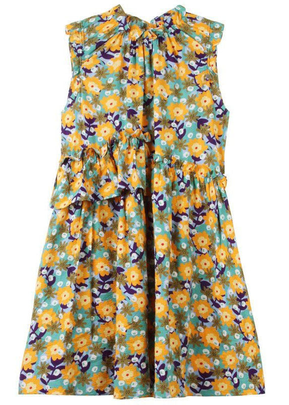 Modern Yellow Ruffled Print Patchwork Cotton Dress Sleeveless LC0218 - fabuloryshop