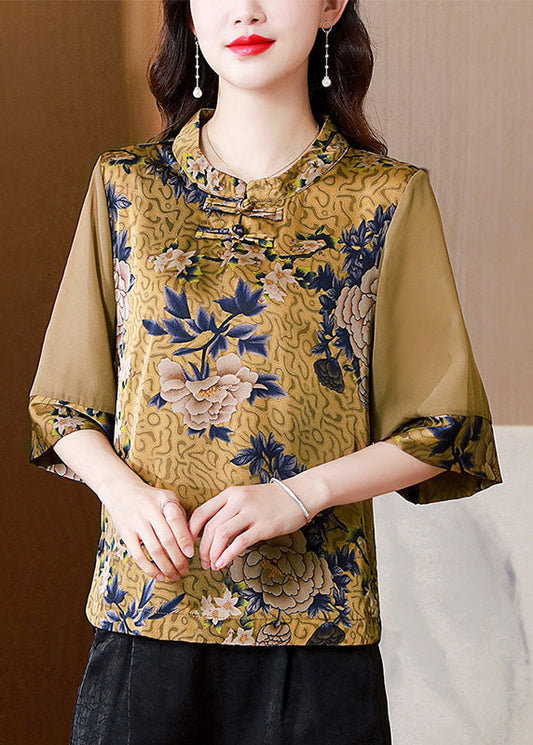 Modern Yellow Stand Collar Print Patchwork Button Silk Top Summer LY0470 - fabuloryshop