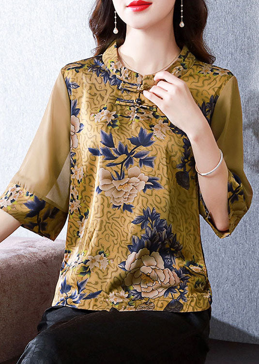 Modern Yellow Stand Collar Print Patchwork Button Silk Top Summer LY0470 - fabuloryshop