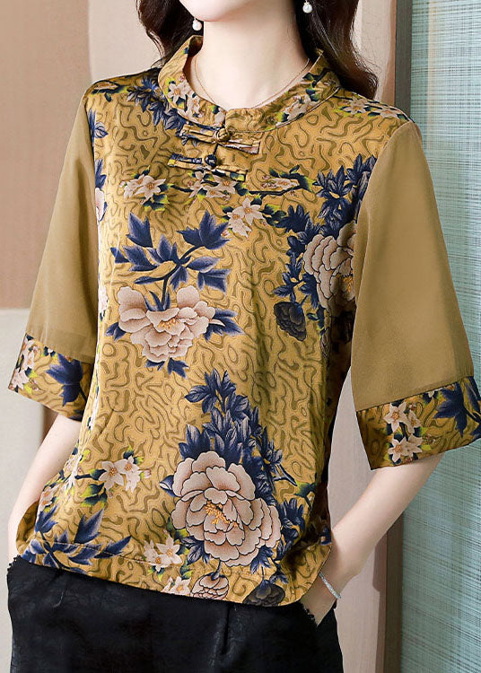 Modern Yellow Stand Collar Print Patchwork Button Silk Top Summer LY0470