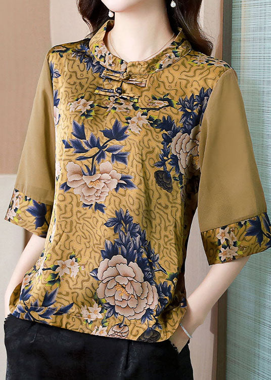 Modern Yellow Stand Collar Print Patchwork Button Silk Top Summer LY0470 - fabuloryshop