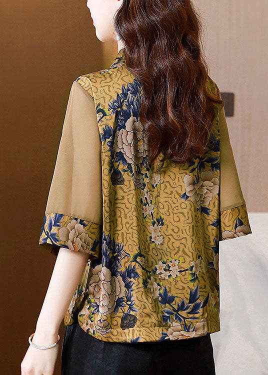 Modern Yellow Stand Collar Print Patchwork Button Silk Top Summer LY0470 - fabuloryshop