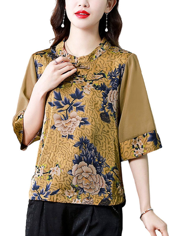 Modern Yellow Stand Collar Print Patchwork Button Silk Top Summer LY0470 - fabuloryshop