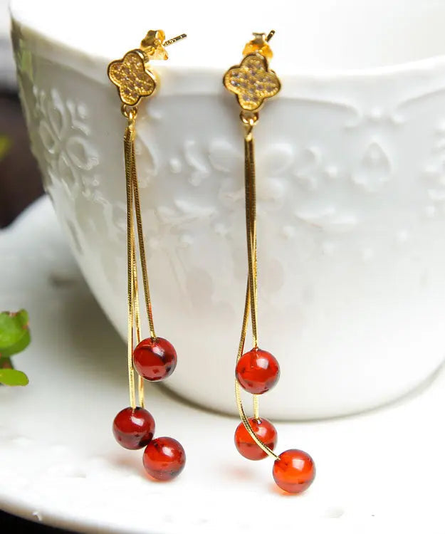 Modern Yellow Sterling Silver Overgild Inlaid Amber Beeswax Drop Earrings Ada Fashion