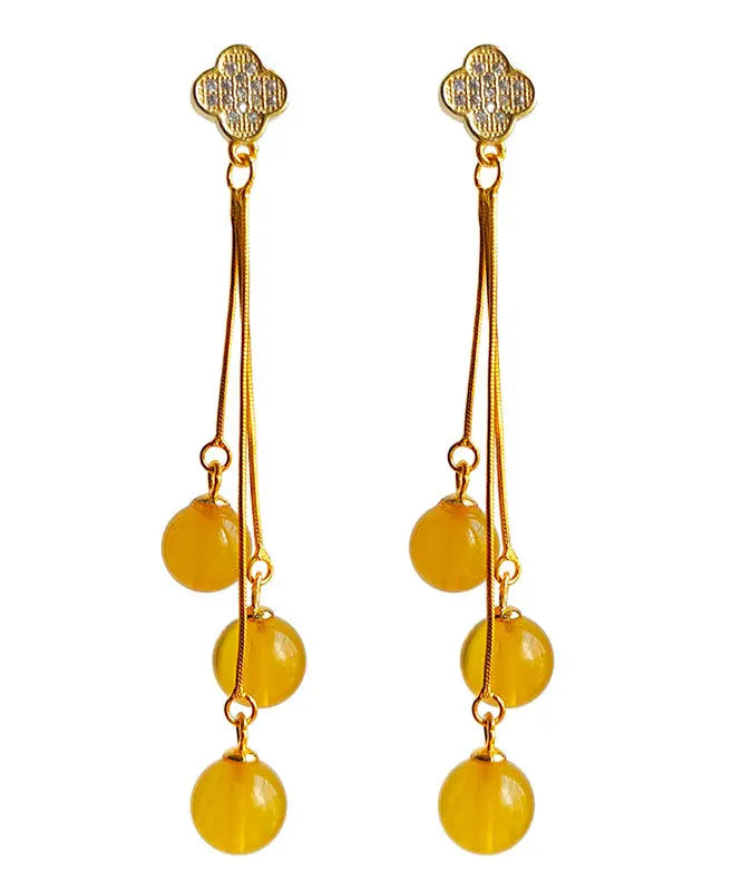 Modern Yellow Sterling Silver Overgild Inlaid Amber Beeswax Drop Earrings Ada Fashion