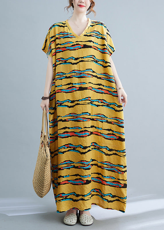 Modern Yellow Striped Print Linen Long Dresses Short Sleeve Ada Fashion