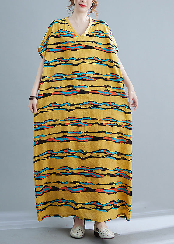 Modern Yellow Striped Print Linen Long Dresses Short Sleeve Ada Fashion