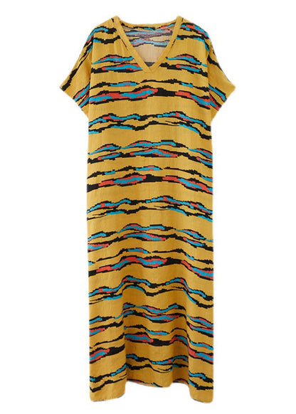 Modern Yellow Striped Print Linen Long Dresses Short Sleeve Ada Fashion