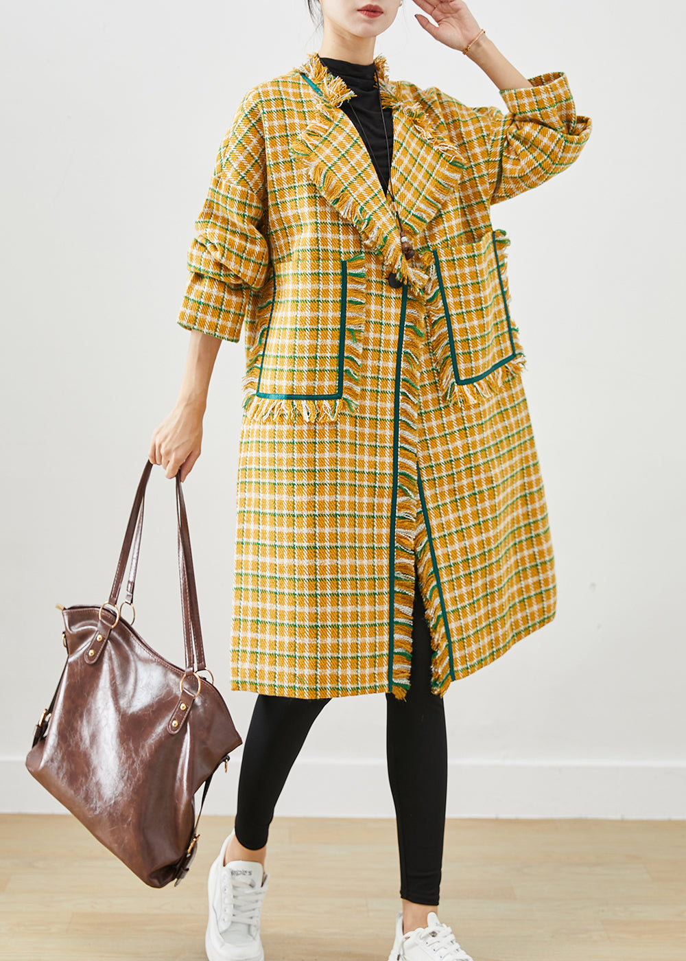 Modern Yellow Tasseled Plaid Cotton Coat Fall ML2446