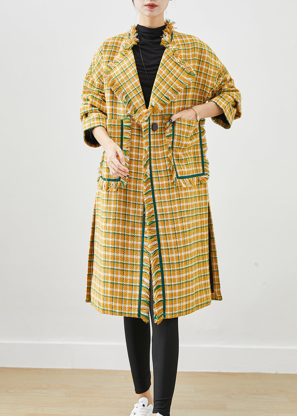 Modern Yellow Tasseled Plaid Cotton Coat Fall ML2446