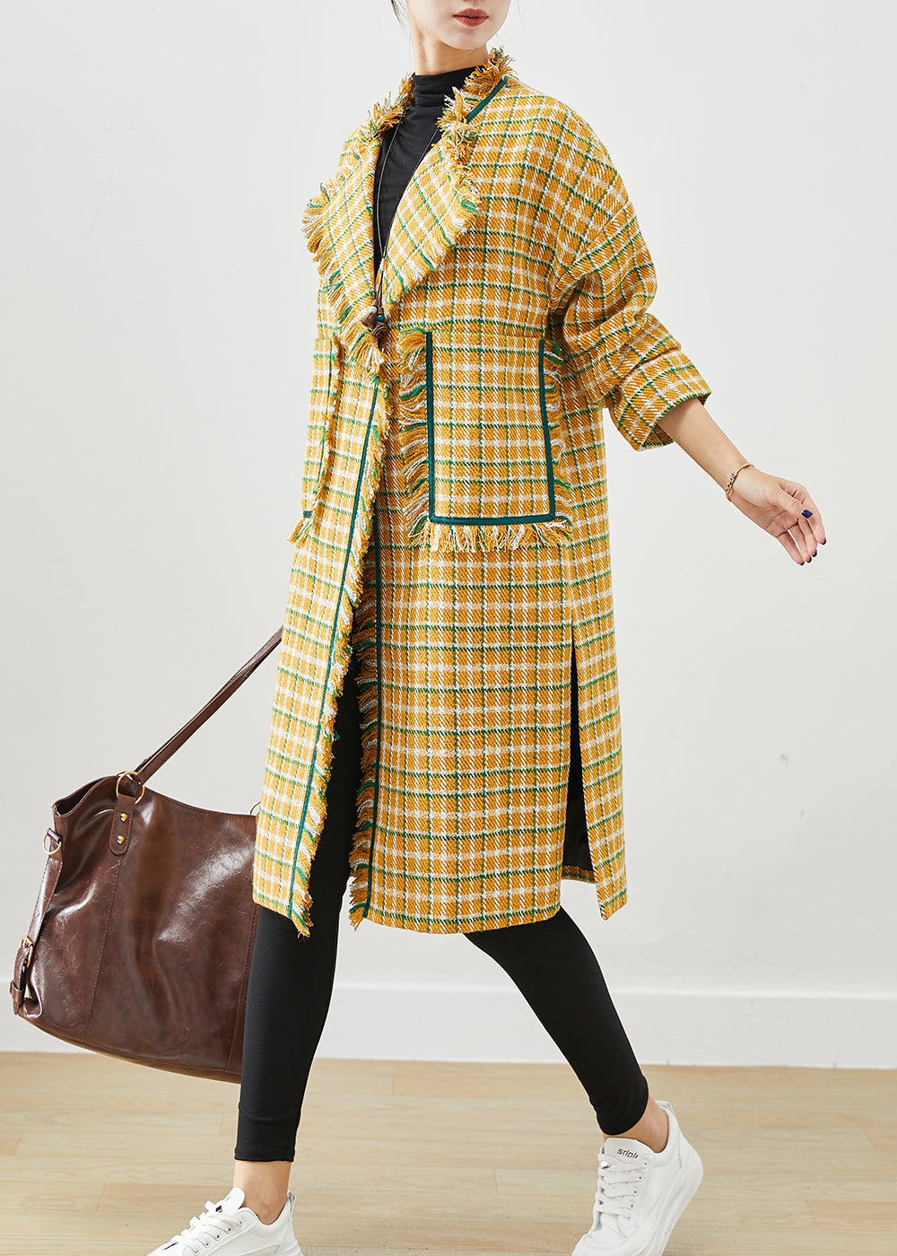 Modern Yellow Tasseled Plaid Cotton Coat Fall ML2446