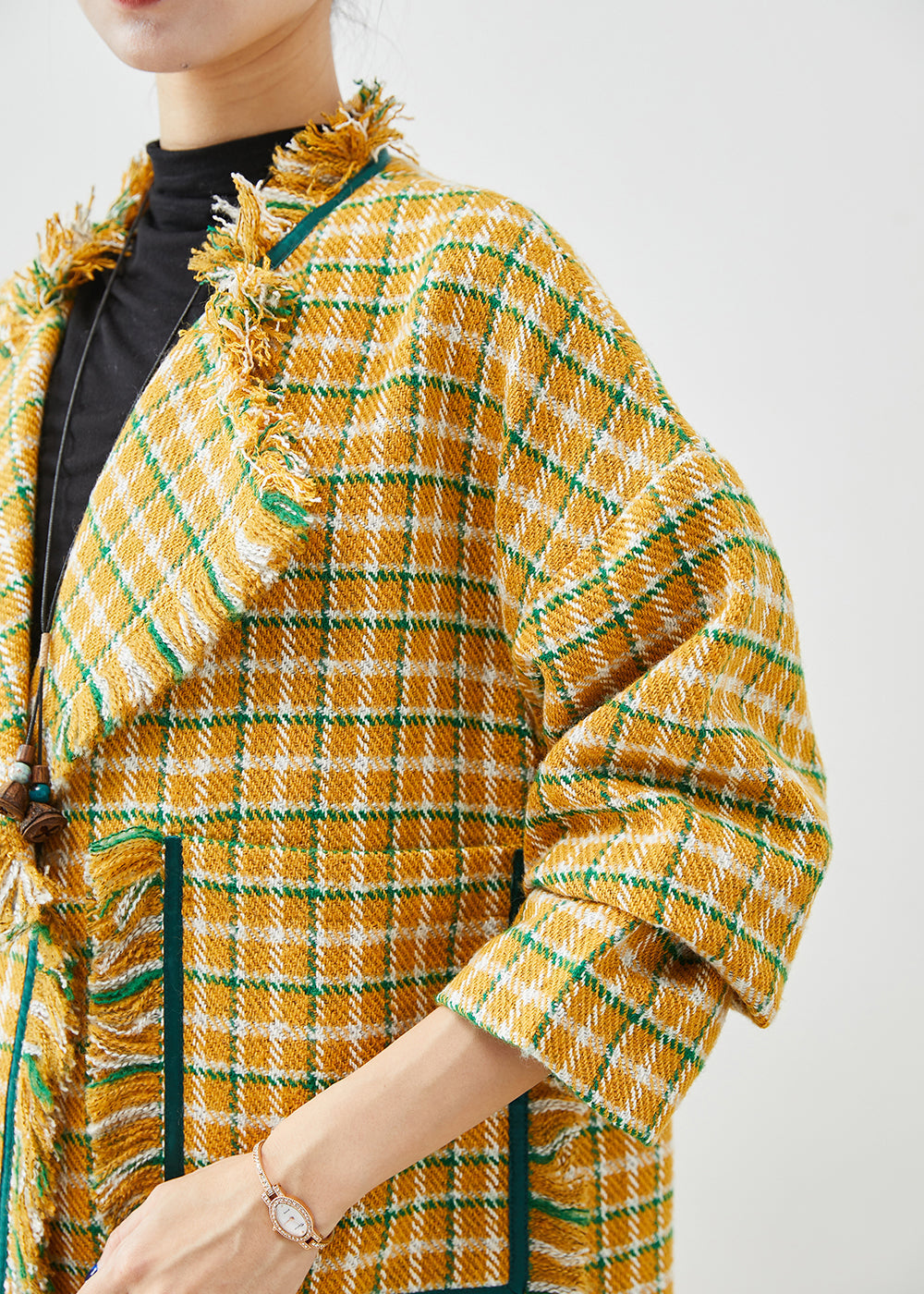 Manteau en coton à carreaux jaune moderne à pompons automne ML2446