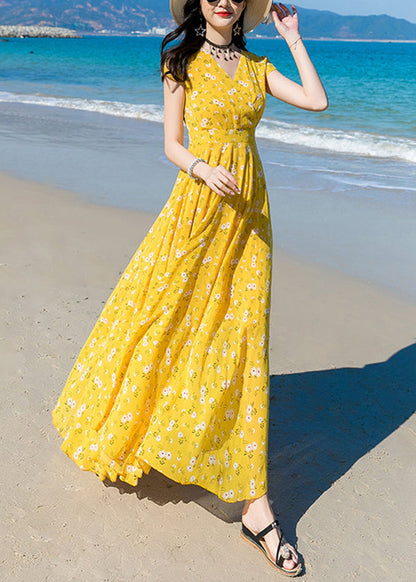 Modern Yellow V Neck Print Chiffon Long Dress Short Sleeve LY1702 - fabuloryshop