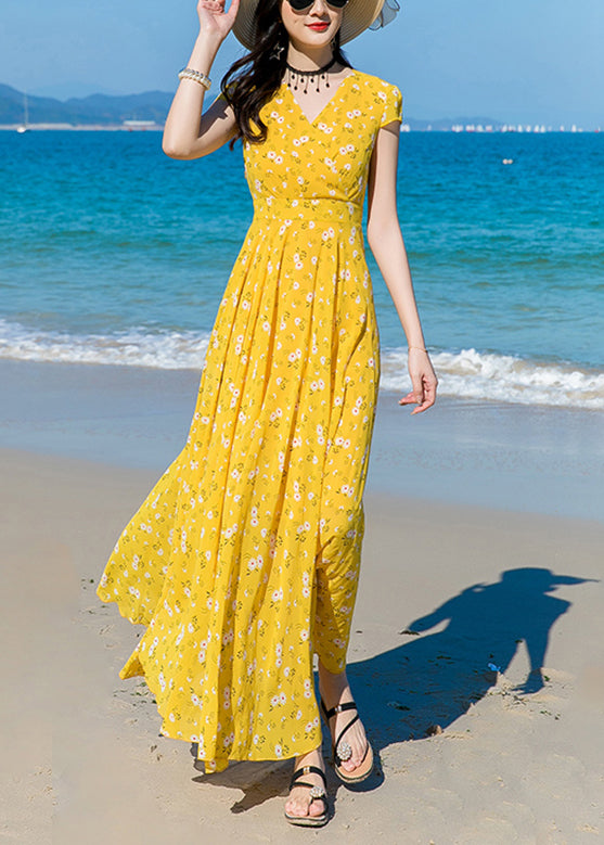 Modern Yellow V Neck Print Chiffon Long Dress Short Sleeve LY1702 - fabuloryshop