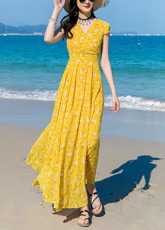 Modern Yellow V Neck Print Chiffon Long Dress Short Sleeve LY1702 - fabuloryshop