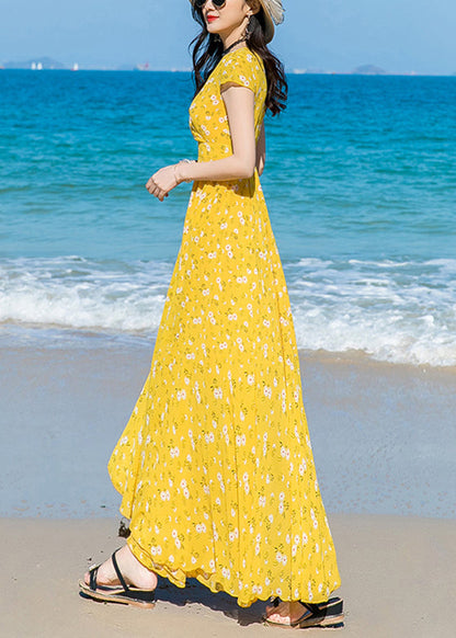 Modern Yellow V Neck Print Chiffon Long Dress Short Sleeve LY1702 - fabuloryshop